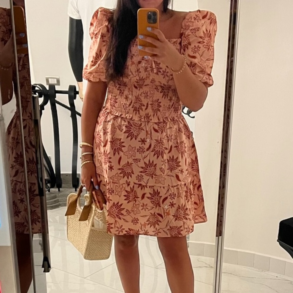 Size small pink floral sun dress puff sleeve elastic top
